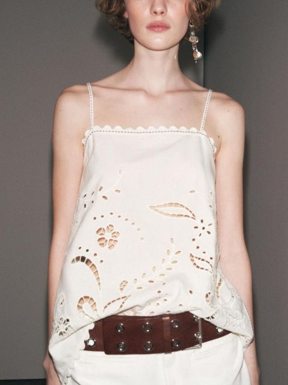 Zara NWT ZW Collection Linen Blend Embroidered Cutwork Cami Top White Large L